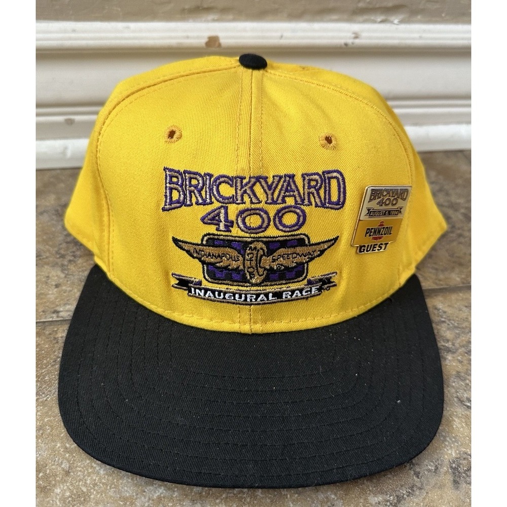 Vintage Brickyard 400 Hat Cap Snap Back One Size Yellow NASCAR Racing DeLONG 90s